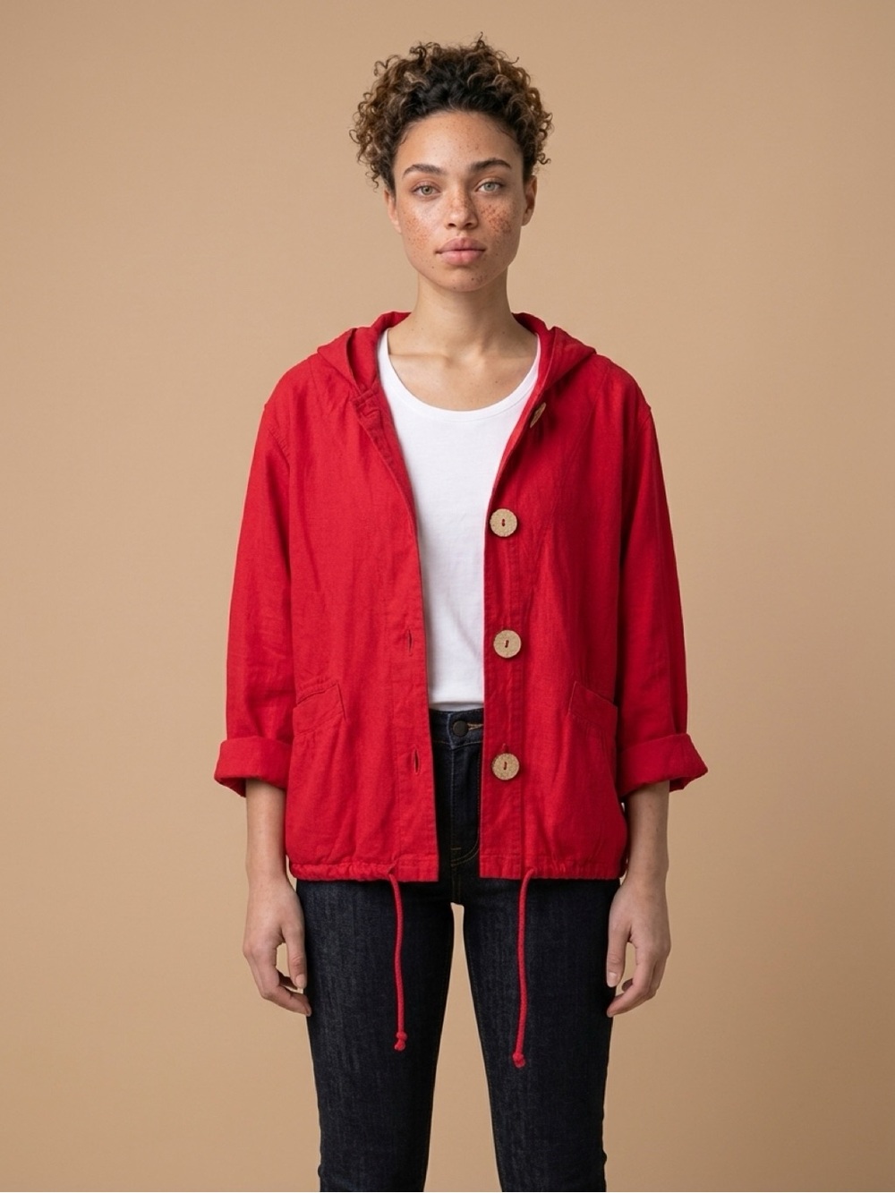 XS Red Jacket, Sea Breeze of California button-front hooded jacket, resort wear